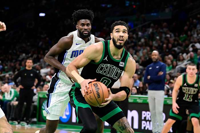 Dec 15, 2023; Boston, Massachusetts, USA; Boston Celtics forward Jayson Tatum (0) looks to shoot during the second half against the Orlando Magic at TD Garden.